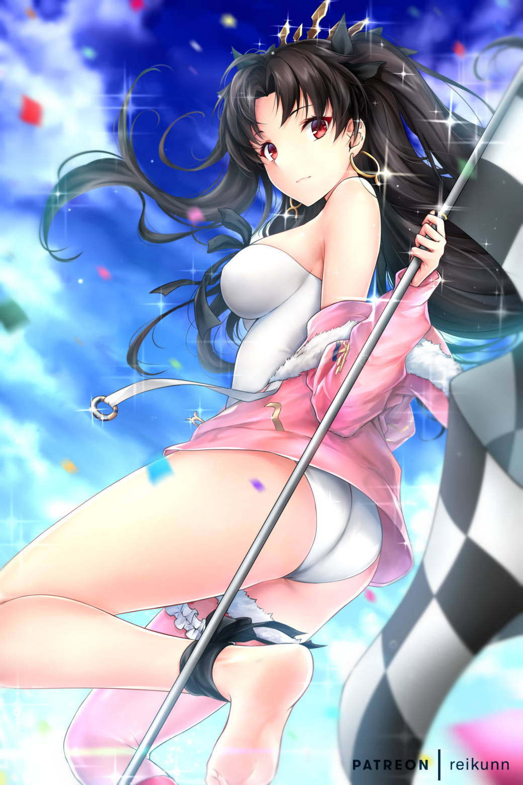1girl ankle_ribbon armlet ass bangs bare_shoulders black_hair blue_sky blush breasts clouds crown day earrings fate/grand_order fate_(series) floating_hair fur-trimmed_jacket fur_trim glint hair_ribbon highres hoop_earrings ishtar_(fate/grand_order) jacket jewelry leg_garter leotard long_hair looking_at_viewer medium_breasts off_shoulder open_clothes open_jacket outdoors parted_bangs pink_jacket red_eyes rei_kun ribbon single_thighhigh sky smile solo thigh-highs tohsaka_rin two_side_up white_leotard