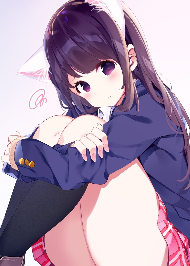 1girl animal_ear_fluff animal_ears bangs black_legwear blazer blue_jacket brown_background brown_hair cat_ears chikuwa. collared_shirt commentary_request eyebrows_visible_through_hair feet_out_of_frame fingernails head_tilt jacket kneehighs leg_hug long_hair long_sleeves looking_at_viewer nail_polish original parted_lips pink_nails pink_skirt plaid plaid_skirt pleated_skirt red_eyes shirt sidelocks skirt sleeves_past_wrists solo squiggle very_long_hair white_shirt