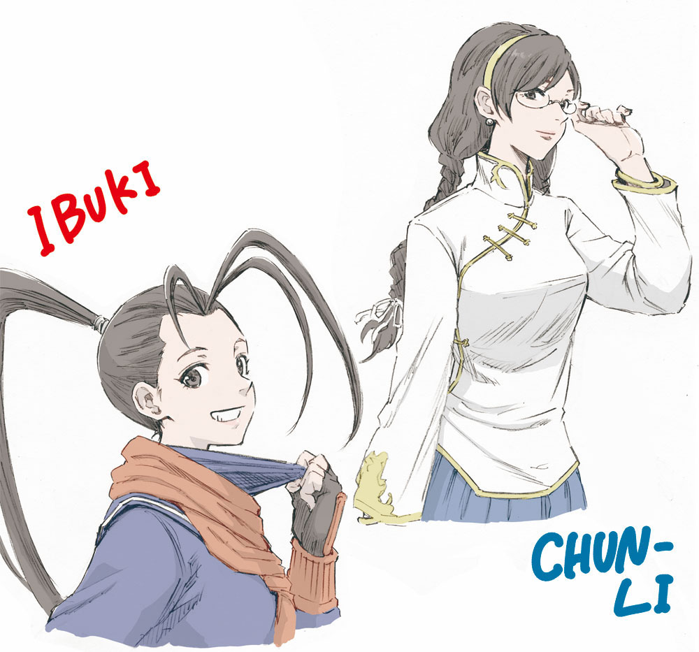 2girls adjusting_eyewear alternate_costume alternate_hairstyle antenna_hair black_gloves blue_serafuku blue_skirt braid brown_eyes brown_hair character_name chinese_clothes coelacanth_(gyotaku) commentary_request earrings fingerless_gloves glasses gloves gold_trim grin hair_ornament hairband high_ponytail ibuki_(street_fighter) jacket jewelry looking_at_viewer multiple_girls neckerchief pleated_skirt ponytail red_neckwear ribbon scarf school_uniform skirt smile street_fighter street_fighter_v toggles twin_braids uniform white_jacket white_ribbon