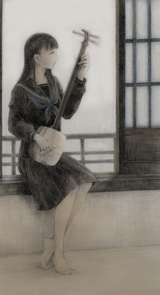 1girl barefoot graphite_(medium) instrument original school_uniform serafuku shamisen traditional_media tsuguru-ki