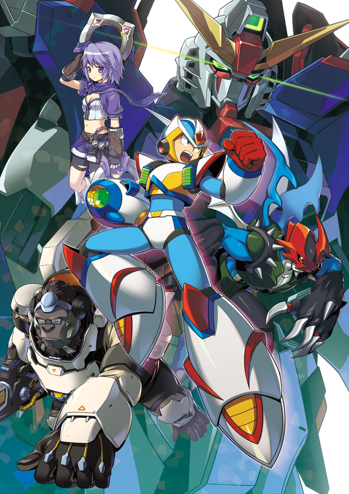 1girl android arm_cannon chakram character_request claws clenched_hand copyright_request crossover degarashi_(ponkotsu) destiny_gundam digimon glasses gorilla green_eyes gundam gundam_seed gundam_seed_destiny helmet holding mecha overwatch paildramon power_armor purple_hair red_eyes robot rockman rockman_x short_hair shorts violet_eyes weapon wings winston_(overwatch) x_(rockman)