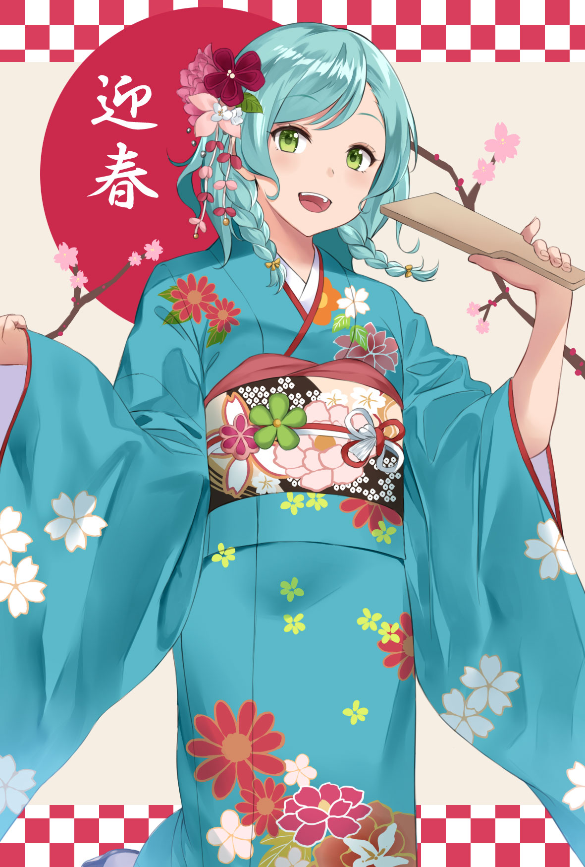 1girl :d aqua_hair aqua_kimono asato_(fadeless) bang_dream! bow branch cherry_blossoms commentary_request floral_print flower flower_knot green_eyes hagoita hair_bow hair_flower hair_ornament highres hikawa_hina holding japanese_clothes kanzashi kimono long_sleeves obi open_mouth paddle pink_flower red_flower sash short_hair side_braids smile solo wide_sleeves yellow_bow