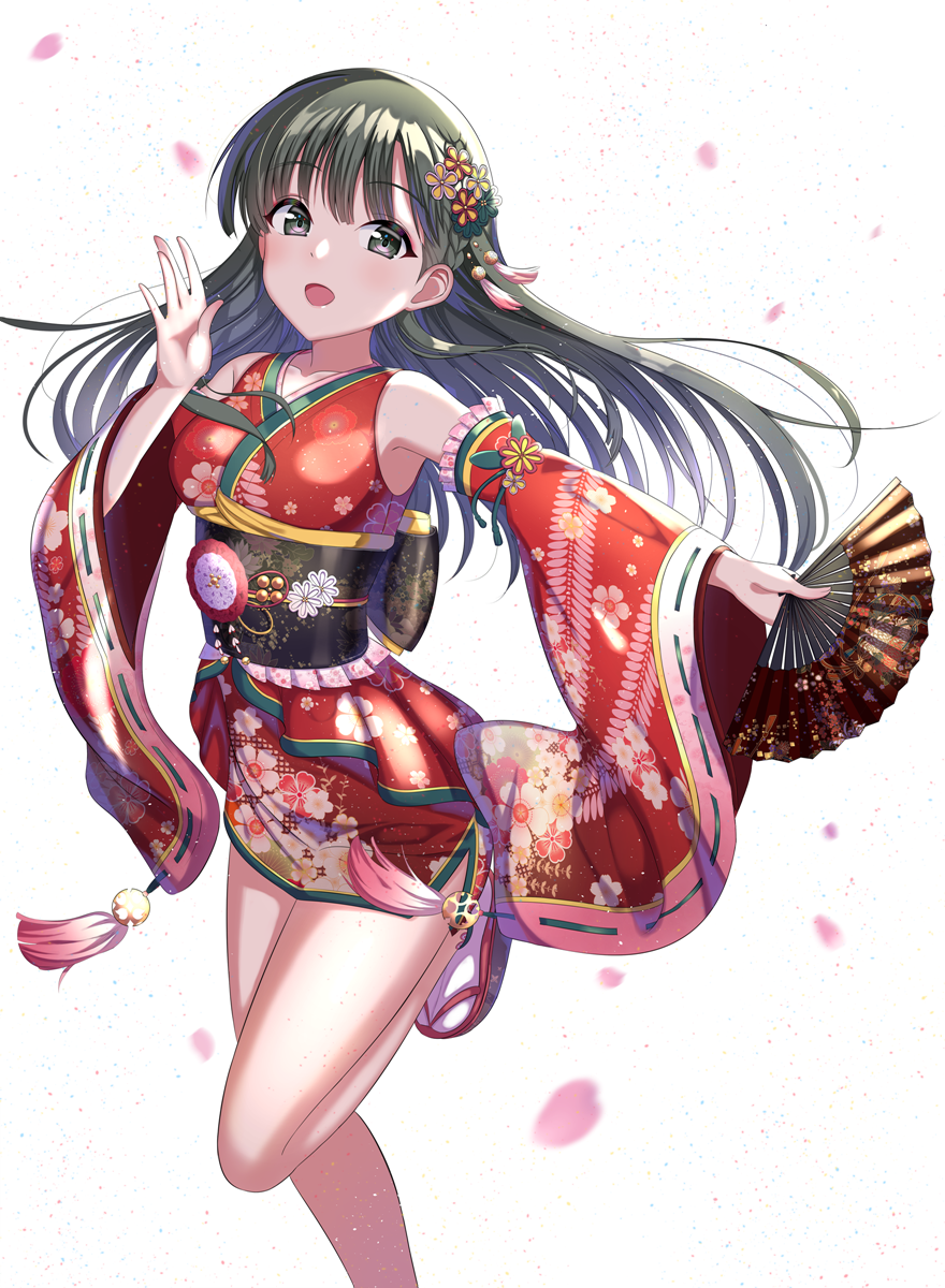 1girl :d cherry_blossoms detached_sleeves eyebrows_visible_through_hair fan floating_hair floral_print green_hair grey_eyes hagoromo_komachi_(idolmaster) hair_ornament highres holding holding_fan idolmaster idolmaster_cinderella_girls japanese_clothes kimono kobayakawa_sae leg_up long_hair looking_at_viewer obi open_mouth outstretched_arm print_kimono print_sleeves red_kimono red_sleeves ribbon-trimmed_sleeves ribbon_trim sash shiny shiny_hair short_kimono simple_background sleeveless sleeveless_kimono smile socks solo standing standing_on_one_leg sutoroa very_long_hair white_background white_legwear wide_sleeves