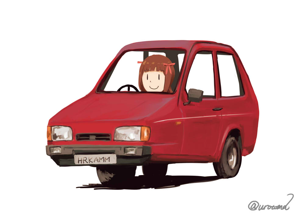 1girl amami_haruka bow brown_hair car chibi ground_vehicle idolmaster idolmaster_(classic) kayatsu_urotoma motor_vehicle reliant_robin shadow signature simple_background smile steering_wheel twitter_username