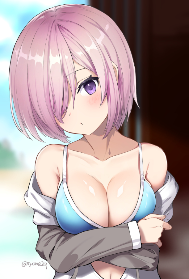 1girl bangs bare_shoulders beach bikini blue_bikini blue_sky blurry blurry_background blush breasts cleavage closed_mouth clouds cloudy_sky collarbone commentary_request day depth_of_field eyebrows_visible_through_hair fate/grand_order fate_(series) hair_over_one_eye head_tilt jacket large_breasts mash_kyrielight navel off_shoulder open_clothes open_jacket outdoors pink_hair sand sky solo swimsuit twitter_username tyone upper_body violet_eyes water white_jacket