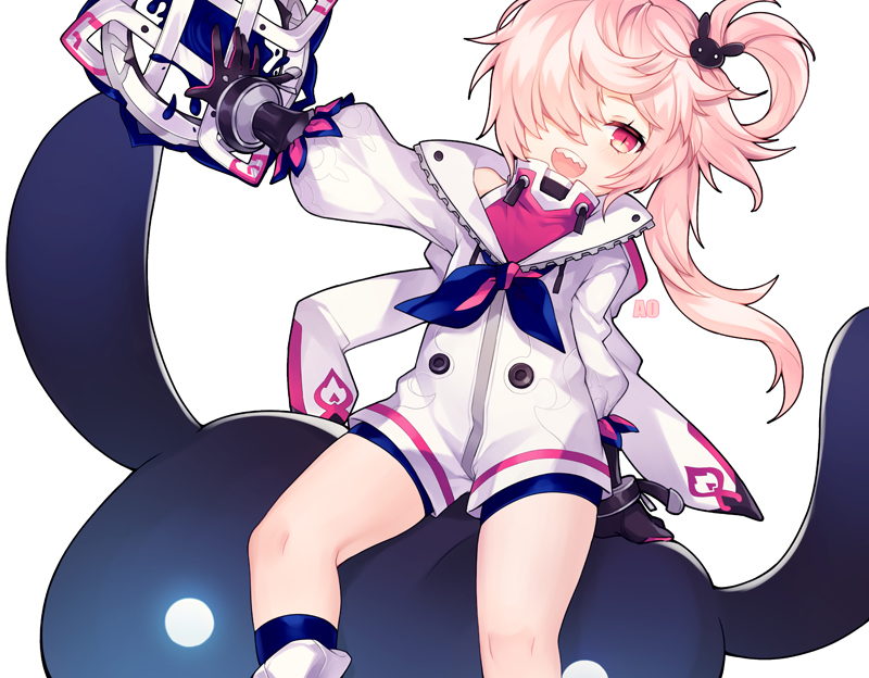 1girl :d bangs black_gloves blush bunny_hair_ornament commentary elsword gloves glowing glowing_eye hair_ornament hair_over_one_eye laby_(elsword) long_hair long_sleeves one_side_up open_mouth outstretched_arm pink_hair pink_shirt puffy_long_sleeves puffy_sleeves red_eyes sharp_teeth shirt short_jumpsuit simple_background sitting slit_pupils smile solo teeth utm very_long_hair white_background white_jumpsuit