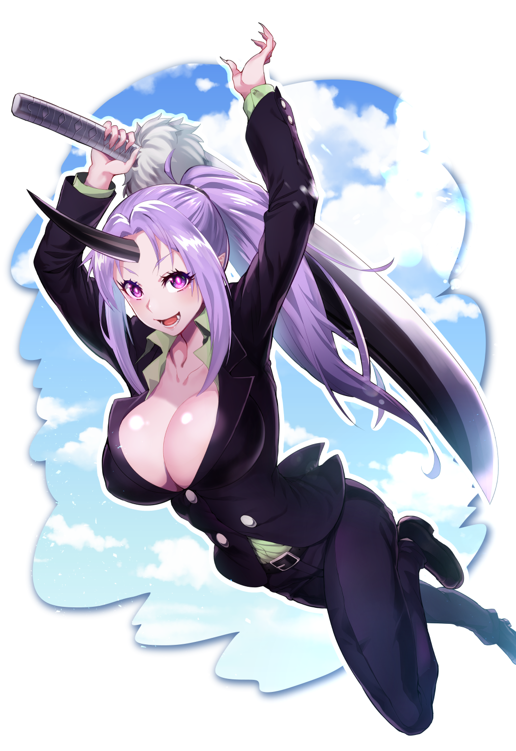 1girl :d ahoge arms_up belt belt_buckle black_footwear black_jacket black_pants blue_sky blush breasts bright_pupils buckle cleavage clouds collarbone commentary_request dutch_angle fangs fingernails formal highres holding holding_sword holding_weapon horn jacket large_breasts leg_up long_fingernails long_hair long_sleeves no_bra open_mouth outside_border pants purple_hair sharp_fingernails shiny shiny_hair shion_(tensei_shitara_slime_datta_ken) shoes sidelocks sky smile solo standing standing_on_one_leg suit sword teeth tensei_shitara_slime_datta_ken tomoyohi v-shaped_eyebrows very_long_hair violet_eyes weapon