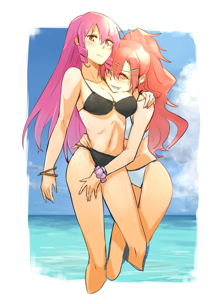 2girls aimitsu_(ibityuttyu) akuma_no_riddle bikini black_bikini blush bracelet breasts brown_eyes cleavage clouds cropped_legs cute diomedea drill_hair grin hair_between_eyes high_ponytail inukai_isuke jewelry kadokawa_shoten long_hair looking_at_viewer medium_breasts multiple_girls navel ocean pink_hair purple_scrunchie redhead sagae_haruki scrunchie smile standing swimsuit twin_drills very_long_hair white_bikini wrist_scrunchie yuri