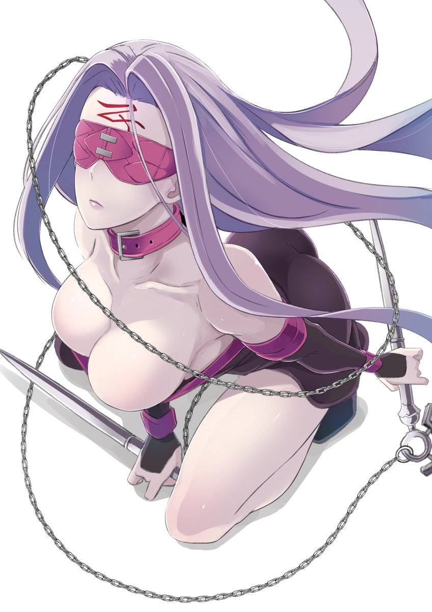 1girl ass bare_shoulders blindfold breasts butcha-u chains cleavage collar collarbone commentary dress elbow_gloves facial_mark fate/stay_night fate_(series) forehead_mark from_above gloves highres kneeling large_breasts long_hair nameless_dagger purple_hair rider sleeveless solo strapless strapless_dress thighs very_long_hair white_background