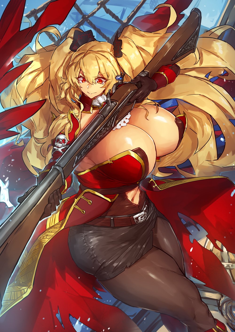 1girl anne_bonny_(fate/grand_order) ascot bangs bare_shoulders belt black_ribbon black_skirt blonde_hair breasts brown_gloves brown_legwear cleavage closed_mouth coat curvy detached_sleeves fate/grand_order fate_(series) gloves gun hair_between_eyes hair_ribbon highres huge_breasts long_hair melon22 navel pantyhose pencil_skirt red_coat red_eyes ribbon rifle skirt skull_and_crossbones solo thick_thighs thighs very_long_hair weapon wide_hips