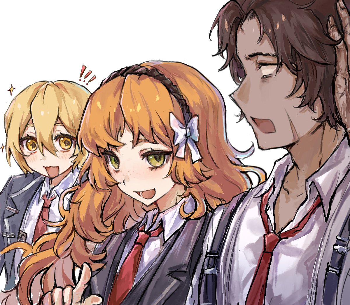 aimono_muki blonde_hair blush bow brown_hair collared_shirt don_quixote_(project_moon) green_eyes hair_bow heathcliff_(project_moon) ishmael_(project_moon) limbus_company long_hair necktie open_mouth orange_hair pointing pointing_at_viewer project_moon red_necktie shirt short_hair sidelocks simple_background smile upper_body very_long_hair white_background white_bow white_shirt yellow_eyes