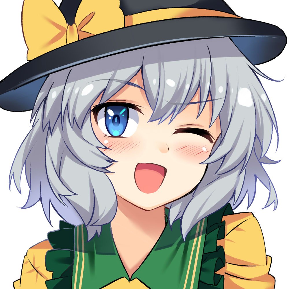 1girl ;d bangs black_hat blue_eyes blush bow commentary_request e.o. eyebrows_visible_through_hair frilled_shirt_collar frills hair_between_eyes hat hat_bow komeiji_koishi looking_at_viewer one_eye_closed open_mouth portrait shirt short_hair silver_hair simple_background smile solo touhou white_background yellow_bow yellow_shirt