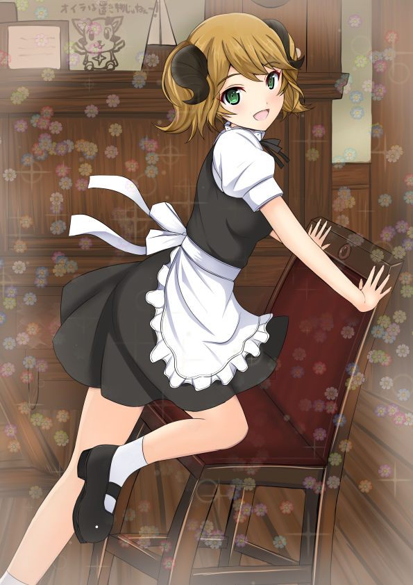 1girl :d aletta apron black_footwear black_ribbon black_skirt brown_hair eyebrows_visible_through_hair frilled_apron frills from_side green_eyes horns indoors isekai_shokudou looking_at_viewer mary_janes miniskirt natsuzakura_yuuki neck_ribbon one_knee open_mouth ribbon shirt shoes short_hair short_sleeves short_twintails skirt smile socks solo twintails waist_apron white_apron white_legwear white_shirt wooden_floor