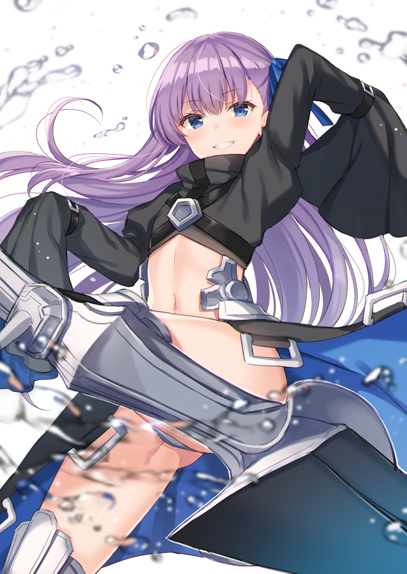 1girl arm_up armored_boots bangs blue_eyes blue_ribbon blurry blush boots commentary_request crotch_plate depth_of_field eyebrows_visible_through_hair fate/grand_order fate_(series) faulds flat_chest floating_hair grin hair_ribbon juliet_sleeves leg_up long_hair long_sleeves looking_at_viewer meltlilith nagisa3710 navel platform_footwear puffy_sleeves purple_hair revealing_clothes ribbon simple_background sleeves_past_fingers sleeves_past_wrists smile solo stomach teeth thighs waist_cape water water_drop white_background