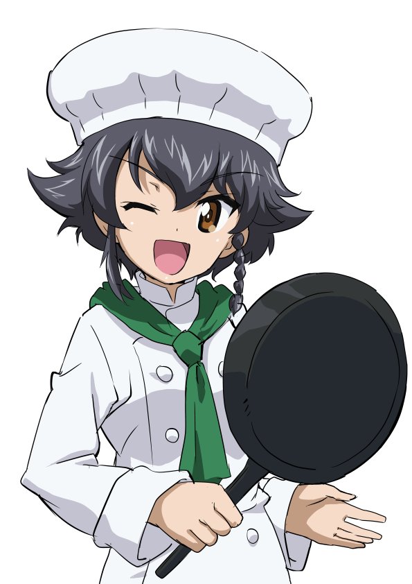 1girl ;d alternate_costume bangs black_hair braid brown_eyes chef_hat chef_uniform commentary eyebrows_visible_through_hair girls_und_panzer green_scarf grin hat holding holding_pan kanau looking_at_viewer one_eye_closed open_mouth pepperoni_(girls_und_panzer) scarf short_hair side_braid simple_background skillet smile solo standing upper_body white_background white_hat