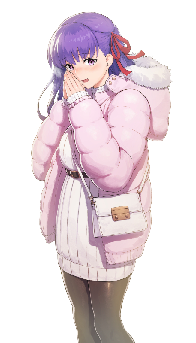 1girl :d bag bangs belt blush breath brown_legwear commentary_request dress fate/stay_night fate_(series) fingernails fur-trimmed_hood fur_trim hair_ribbon handbag hands_together hands_up hood hood_down hooded_jacket jacket long_hair long_sleeves looking_at_viewer matou_sakura open_clothes open_jacket open_mouth own_hands_together pantyhose pink_jacket puffer_jacket purple_hair pyz_(cath_x_tech) red_ribbon ribbed_sweater ribbon shoulder_bag simple_background sleeves_past_wrists smile sweater sweater_dress violet_eyes white_background white_sweater