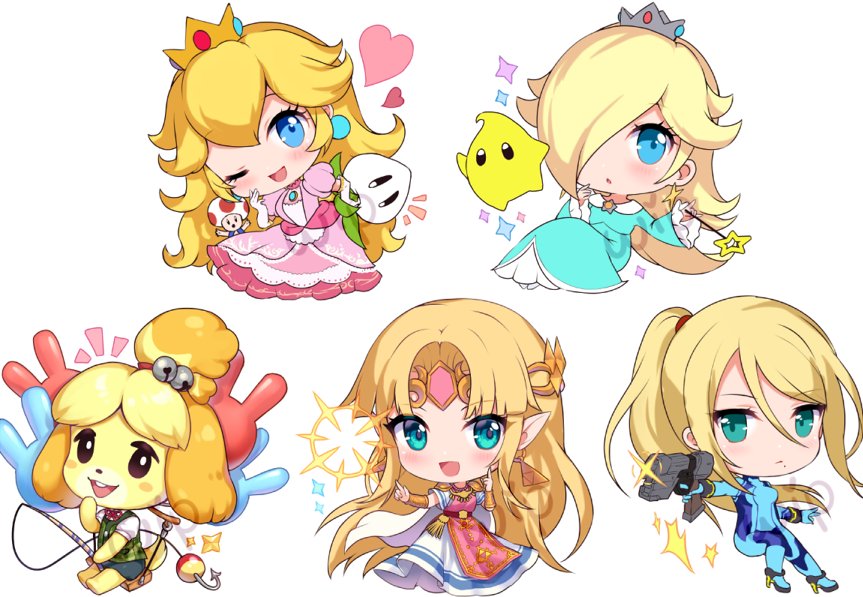 1boy 2others 5girls animal_ears bell blonde_hair blue_eyes blush blush_stickers chibi chiko_(mario) crown dog dog_ears dog_girl dog_tail doubutsu_no_mori dress earrings furry gun hair_ornament hair_over_one_eye jewelry long_hair looking_at_viewer super_mario_bros. metroid moorina nintendo one_eye_closed open_mouth pink_dress ponytail princess_peach princess_zelda rosetta_(mario) samus_aran shizue_(doubutsu_no_mori) skirt smile sora_(company) star star_earrings super_mario_bros. super_mario_galaxy super_smash_bros. super_smash_bros._ultimate super_smash_bros_brawl super_smash_bros_for_wii_u_and_3ds super_smash_bros_melee tail the_legend_of_zelda the_legend_of_zelda:_a_link_between_worlds tobidase:_doubutsu_no_mori topknot wand weapon zero_suit