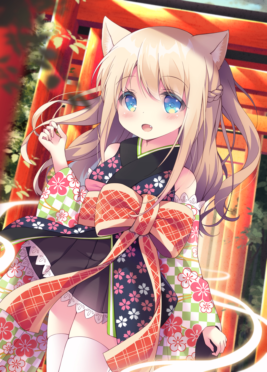 1girl :d animal_ear_fluff animal_ears bangs bare_shoulders black_kimono blue_eyes blush braid brown_skirt checkered checkered_sleeves commentary_request day detached_sleeves dutch_angle eyebrows_visible_through_hair fang floral_print fox_ears hair_between_eyes highres japanese_clothes kimono light_brown_hair long_hair long_sleeves looking_at_viewer open_mouth original outdoors pleated_skirt print_kimono print_sleeves satsuki_yukimi short_kimono sidelocks skirt sleeveless sleeveless_kimono smile solo thigh-highs torii white_legwear wide_sleeves