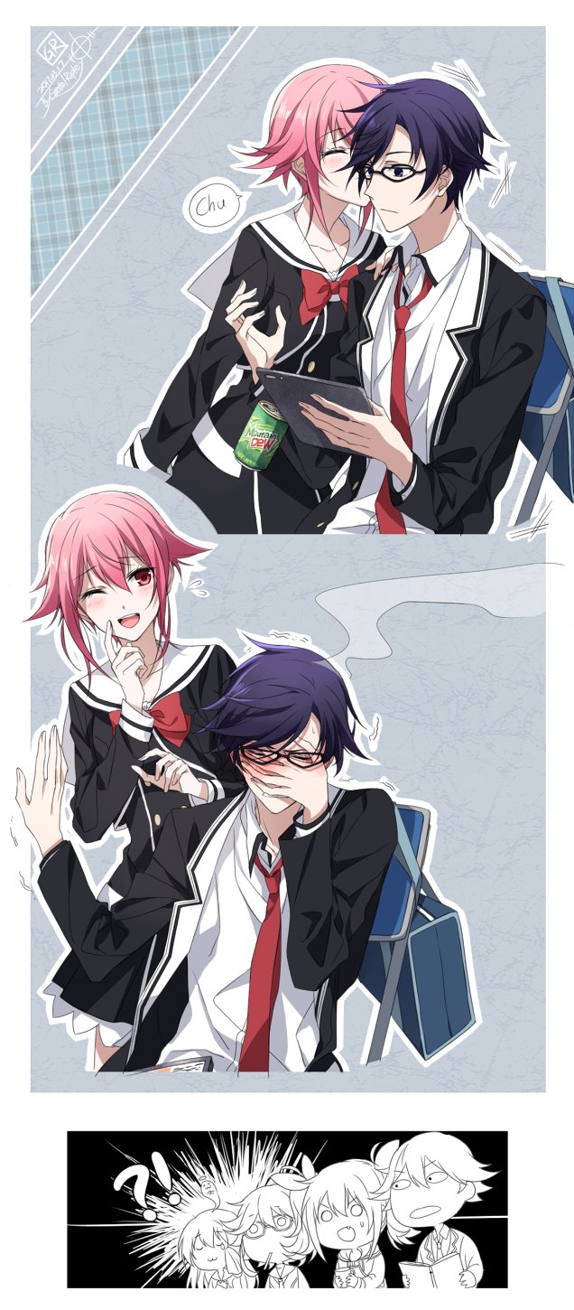 1boy 1girl black_hair black_legwear blue_eyes blue_hair blush bow bowtie chaos;child cheek_kiss glasses hand_on_own_face highres holding holding_phone kiss miyashiro_takuru necktie onoe_serika open_mouth phone pink_hair red_eyes red_neckwear school_uniform shirt short_hair_with_long_locks sidelocks smile sprintertomoe standing steam white_shirt