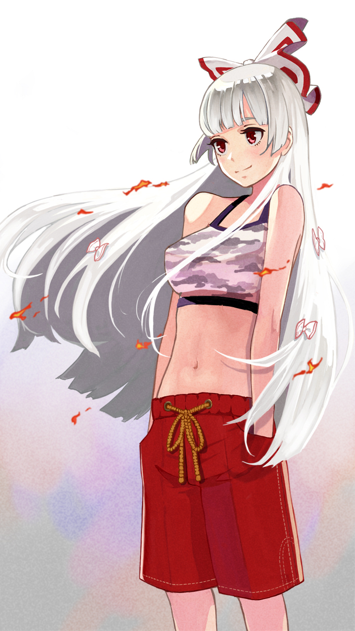 1girl bangs blunt_bangs bow camouflage_shirt commentary_request fire fujiwara_no_mokou hair_bow hair_ribbon hands_in_pockets highres light_blush long_hair looking_to_the_side midriff navel p_no_hito red_eyes red_shorts ribbon shirt shortes shorts silver_hair sleeveless sleeveless_shirt smile solo tank_top touhou tress_ribbon white_bow