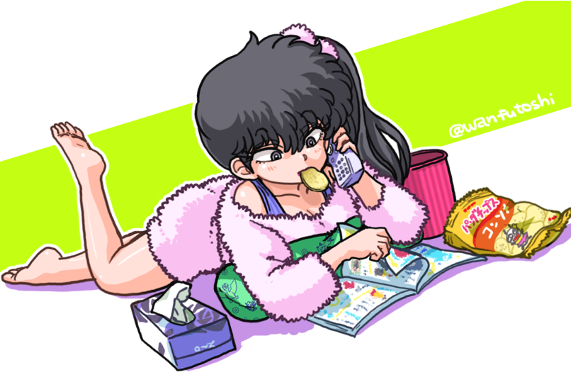 1girl barefoot black_eyes black_hair blush book breasts chips cleavage eating food foot_up full_body hair_between_eyes holding holding_phone kunou_kodachi lying mouth_hold on_stomach open_book phone pillow ranma_1/2 reading side_ponytail simple_background solo tissue_box turning_page wanta_(futoshi)