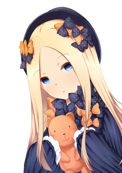 1girl abigail_williams_(fate/grand_order) bangs black_bow black_dress black_hat blonde_hair blue_eyes blush bow chahei commentary_request dress eyebrows_visible_through_hair fate/grand_order fate_(series) forehead hair_bow hat holding holding_stuffed_animal long_hair long_sleeves looking_at_viewer orange_bow parted_bangs parted_lips polka_dot polka_dot_bow simple_background sleeves_past_fingers sleeves_past_wrists solo stuffed_animal stuffed_toy teddy_bear upper_body very_long_hair white_background