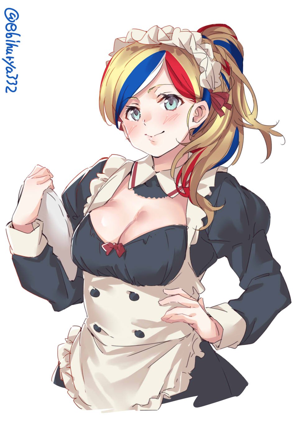 1girl alternate_costume alternate_hairstyle apron black_dress blonde_hair blue_eyes blue_hair blush breasts buttons cleavage closed_mouth commandant_teste_(kantai_collection) detached_collar dress ebifurya enmaided eyebrows_visible_through_hair frilled_hairband frills hair_ribbon hairband hand_on_hip highres holding holding_tray juliet_sleeves kantai_collection long_hair long_sleeves looking_at_viewer maid maid_apron medium_breasts multicolored multicolored_hair ponytail puffy_sleeves red_ribbon redhead ribbon simple_background smile solo streaked_hair tray twitter_username upper_body wavy_hair white_apron white_background white_hair