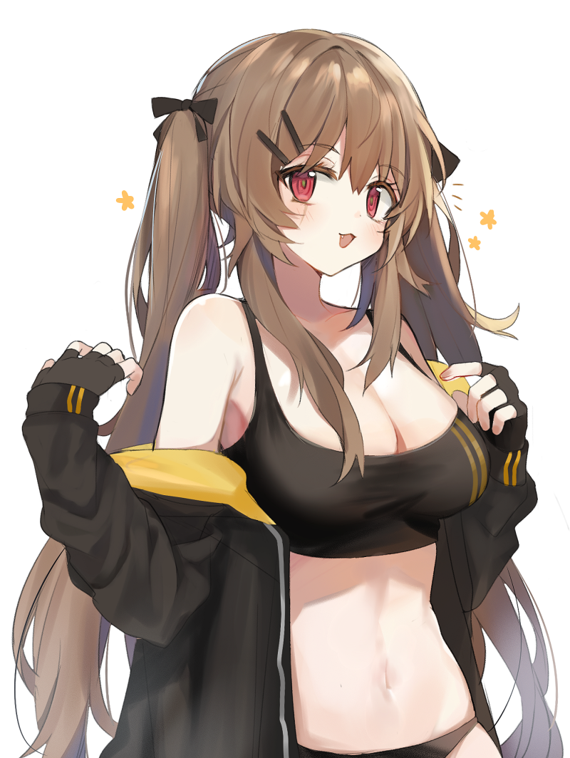 /\/\/\ 1girl :3 black_bra black_gloves blush bra breasts brown_hair cleavage eyebrows_visible_through_hair fang fingerless_gloves girls_frontline gloves hair_ornament hair_ribbon hairclip jacket large_breasts long_hair mid_(gameshe) midriff navel off_shoulder open_clothes open_jacket red_eyes ribbon scar scar_across_eye simple_background solo sports_bra twintails ump9_(girls_frontline) underwear white_background