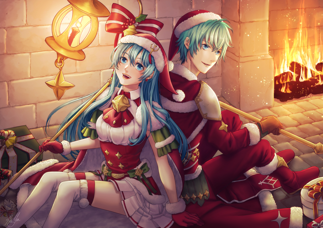 1boy 1girl :d arm_support ascot back-to-back blue_eyes blue_hair boots bow box brother_and_sister brown_gloves corset eirika ephraim fire fire_emblem fire_emblem:_seima_no_kouseki floating_hair fur-trimmed_gloves fur-trimmed_hat fur-trimmed_sleeves fur_trim gift gift_box gloves green_bow green_hair hair_between_eyes hat holding holding_staff kai-yan long_hair long_sleeves looking_at_viewer miniskirt nintendo open_mouth pants pleated_skirt red_bow red_footwear red_gloves red_hat red_neckwear red_pants red_shirt santa_boots santa_costume santa_gloves santa_hat shirt short_sleeves shoulder_armor siblings skirt smile staff striped striped_bow thigh-highs very_long_hair white_legwear white_shirt white_skirt zettai_ryouiki