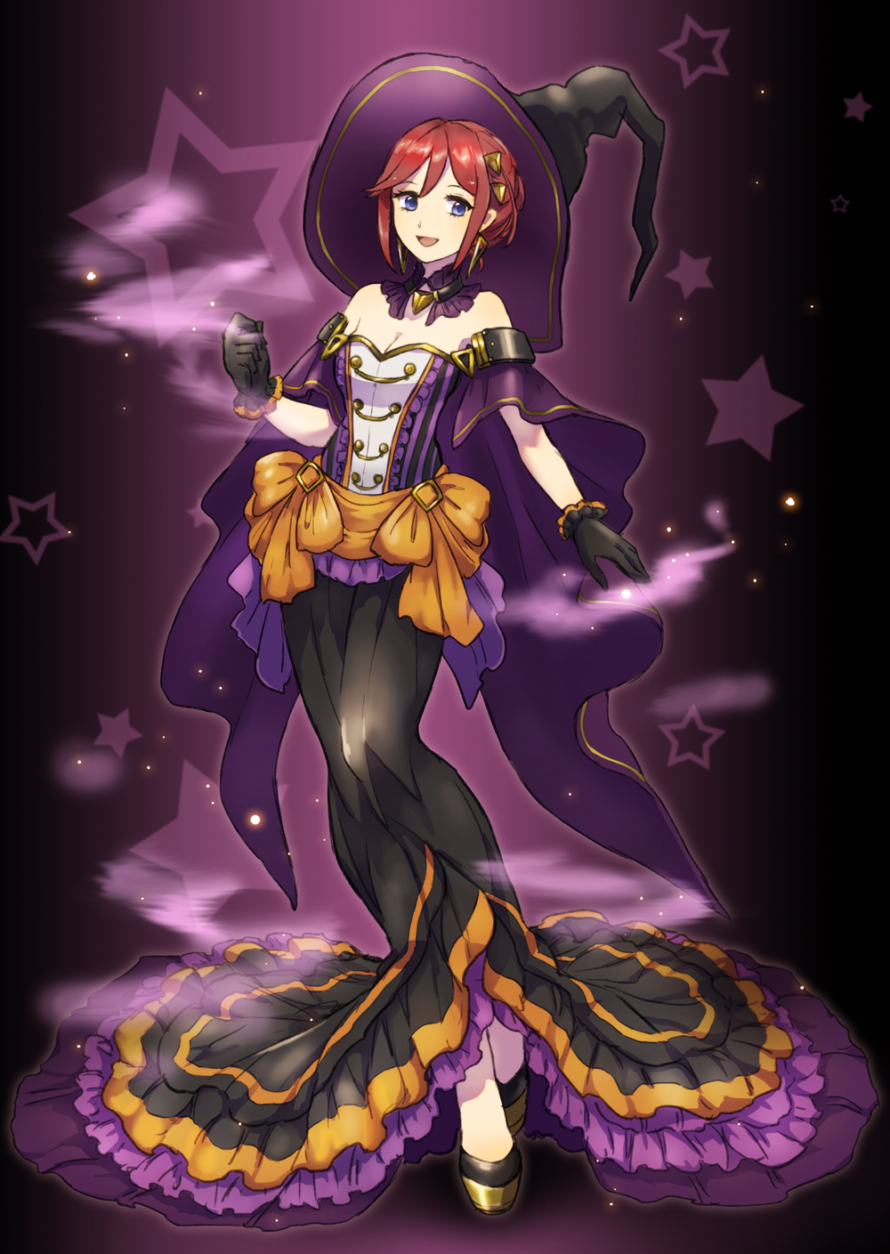 1girl :d azu_deltachan black_gloves black_hat black_skirt blue_eyes breasts cape choker cleavage full_body gloves hair_ornament halloween_costume hat highres kaname_buccaneer long_skirt looking_at_viewer macross macross_delta open_mouth purple_cape redhead short_hair sidelocks skirt smile solo standing star strapless witch witch_hat