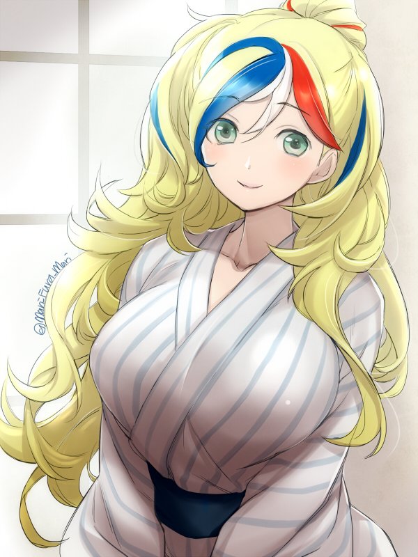 1girl blonde_hair blue_hair breasts commandant_teste_(kantai_collection) commentary_request cowboy_shot japanese_clothes kantai_collection kimono large_breasts long_hair looking_at_viewer multicolored_hair ponytail primary_stage redhead smile solo streaked_hair striped striped_kimono twitter_username wavy_hair white_hair white_kimono window yukata