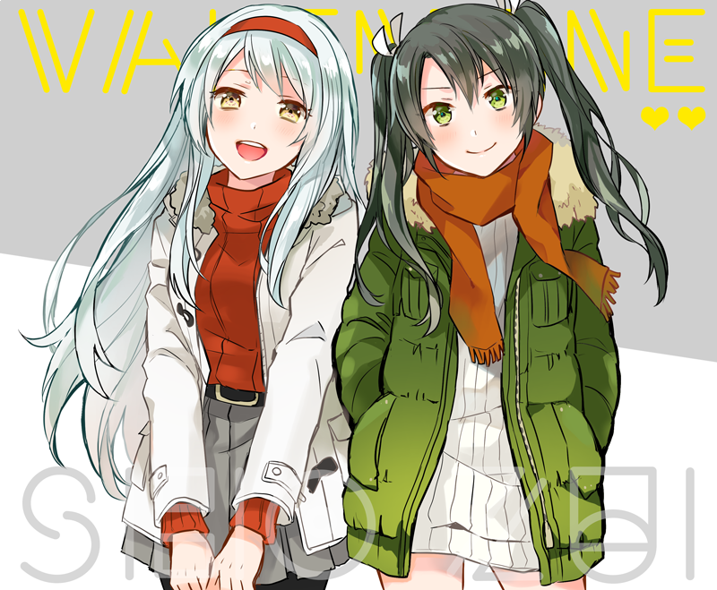 2girls anbutter_siruko bangs belt black_legwear blush breasts casual closed_mouth commentary_request dress eyebrows_visible_through_hair fur_trim green_eyes grey_hair hair_between_eyes hair_ribbon hairband headband jacket kantai_collection long_hair looking_at_viewer medium_breasts multiple_girls open_mouth ribbon scarf shoukaku_(kantai_collection) silver_hair simple_background skirt smile standing sweater sweater_dress twintails white_hair white_ribbon yellow_eyes zuikaku_(kantai_collection)