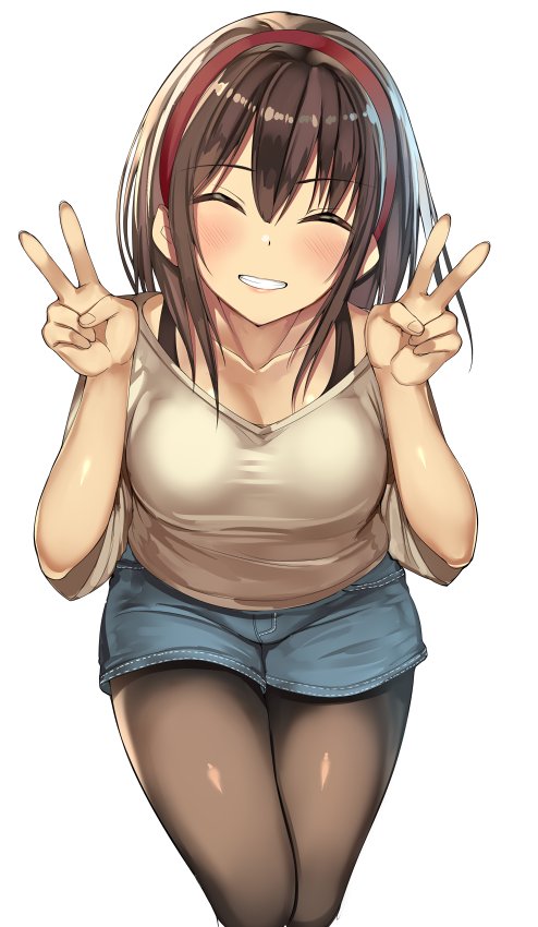 1girl ^_^ bangs blush bra_strap breasts brown_hair brown_legwear closed_eyes closed_eyes collarbone denim denim_shorts double_v eyebrows_visible_through_hair facing_viewer grey_shirt grin hairband hands_up head_tilt kureha_(ironika) long_hair medium_breasts original pantyhose red_hairband shirt short_shorts short_sleeves shorts sidelocks simple_background smile solo taut_clothes taut_shirt teeth tsubasa_(kureha) v white_background