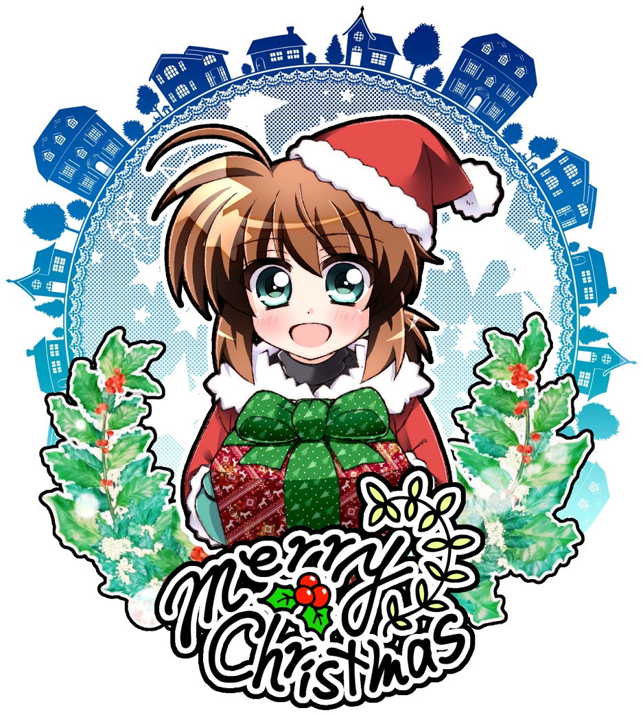 1girl :d ahoge black_shirt blush brown_hair commentary cursive english_text eyebrows_visible_through_hair fuuka_reventon gift green_eyes green_mittens hat holding holding_gift holly jacket kohaku_(kohagura) long_hair looking_at_viewer lyrical_nanoha merry_christmas open_mouth ponytail red_hat red_jacket ribbon santa_costume santa_hat shirt smile solo star starry_background vivid_strike!