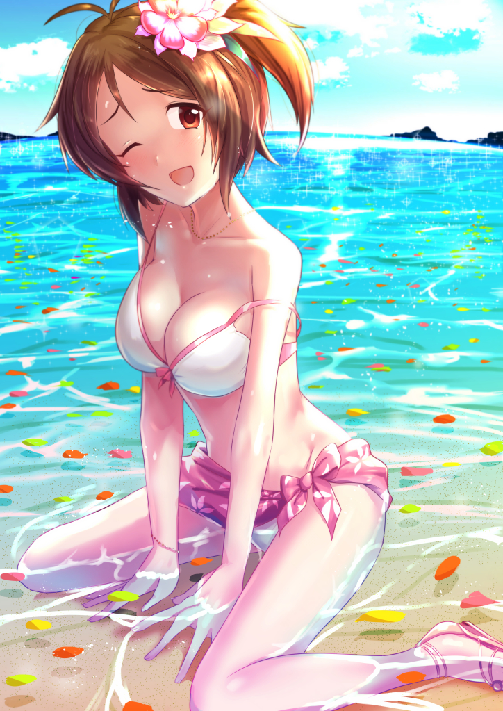 1girl ;d antenna_hair between_legs bikini blue_sky bracelet breasts brown_eyes brown_hair cleavage clouds collarbone day doumyouji_karin flower hair_flower hair_ornament hand_between_legs idolmaster idolmaster_cinderella_girls jewelry large_breasts looking_at_viewer necklace ocean off_shoulder one_eye_closed one_side_up open_mouth outdoors petals pink_flower sarong short_hair sitting sky smile solo sousakubito swimsuit wariza white_bikini