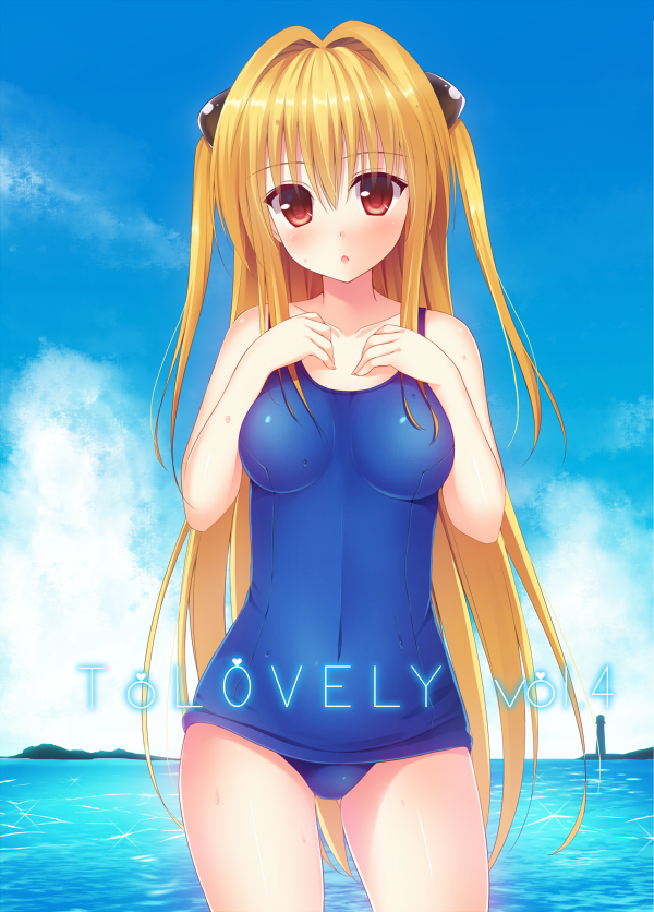 1girl :o bangs blonde_hair blue_sky blue_swimsuit blush breasts clouds collarbone copyright_name covered_navel cowboy_shot day eyebrows_visible_through_hair floating_hair hair_between_eyes hair_ornament konjiki_no_yami long_hair looking_at_viewer medium_breasts ocean outdoors red_eyes rennkuu school_uniform shiny shiny_hair sky solo standing swimsuit to_love-ru to_love-ru_darkness twintails very_long_hair