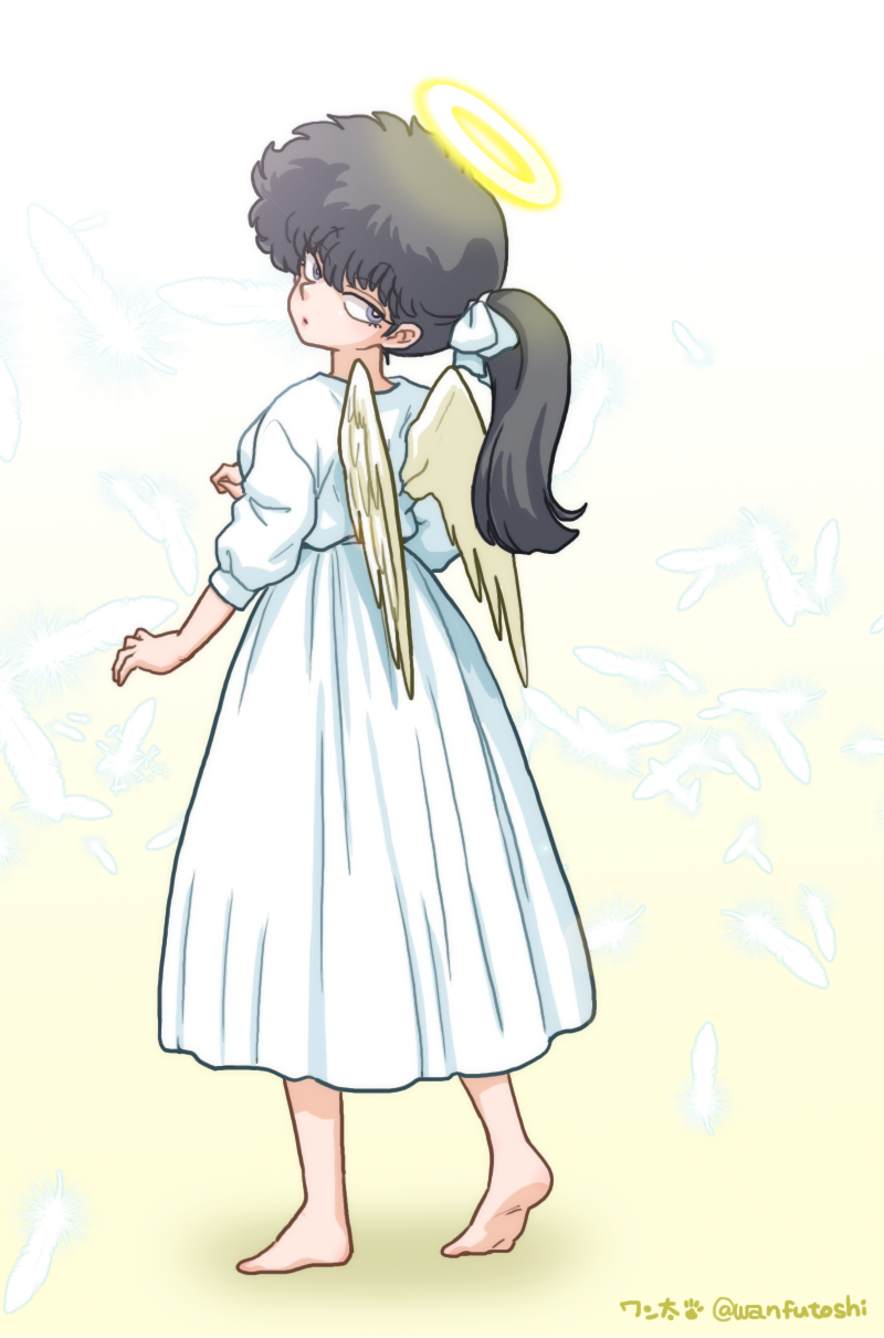 1girl barefoot black_hair bow dress full_body gradient gradient_background grey_eyes hair_bow halo highres kunou_kodachi looking_at_viewer looking_back ponytail ranma_1/2 solo standing twitter_username wanta_(futoshi) white_bow white_dress white_wings wings