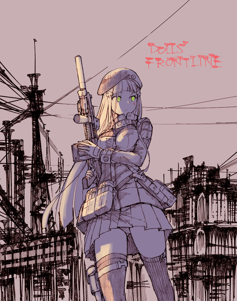 1girl assault_rifle bangs beret blunt_bangs breasts building closed_mouth facial_mark girls_frontline gloves green_eyes gun h&amp;k_hk416 hat hk416_(girls_frontline) holding holding_gun holding_weapon jacket long_hair long_sleeves military military_uniform mishima_hiroji outdoors pleated_skirt rifle skirt solo teardrop uniform weapon