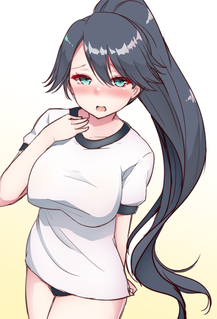 1girl black_hair blue_eyes blush breasts eyebrows_visible_through_hair hair_between_eyes houshou_(kantai_collection) kantai_collection kirigakure_(kirigakure_tantei_jimusho) large_breasts open_mouth ponytail shirt short_sleeves simple_background solo sportswear white_background white_shirt