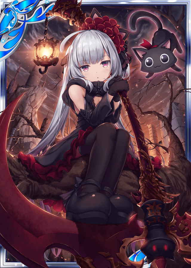 1girl akkijin bare_shoulders bare_tree black_cat black_gloves black_legwear card_(medium) castle cat gloves hair_ornament huge_weapon kitten lamp long_hair looking_at_viewer night night_sky official_art pink_eyes scythe shinkai_no_valkyrie silver_hair sitting sky thigh-highs tree weapon