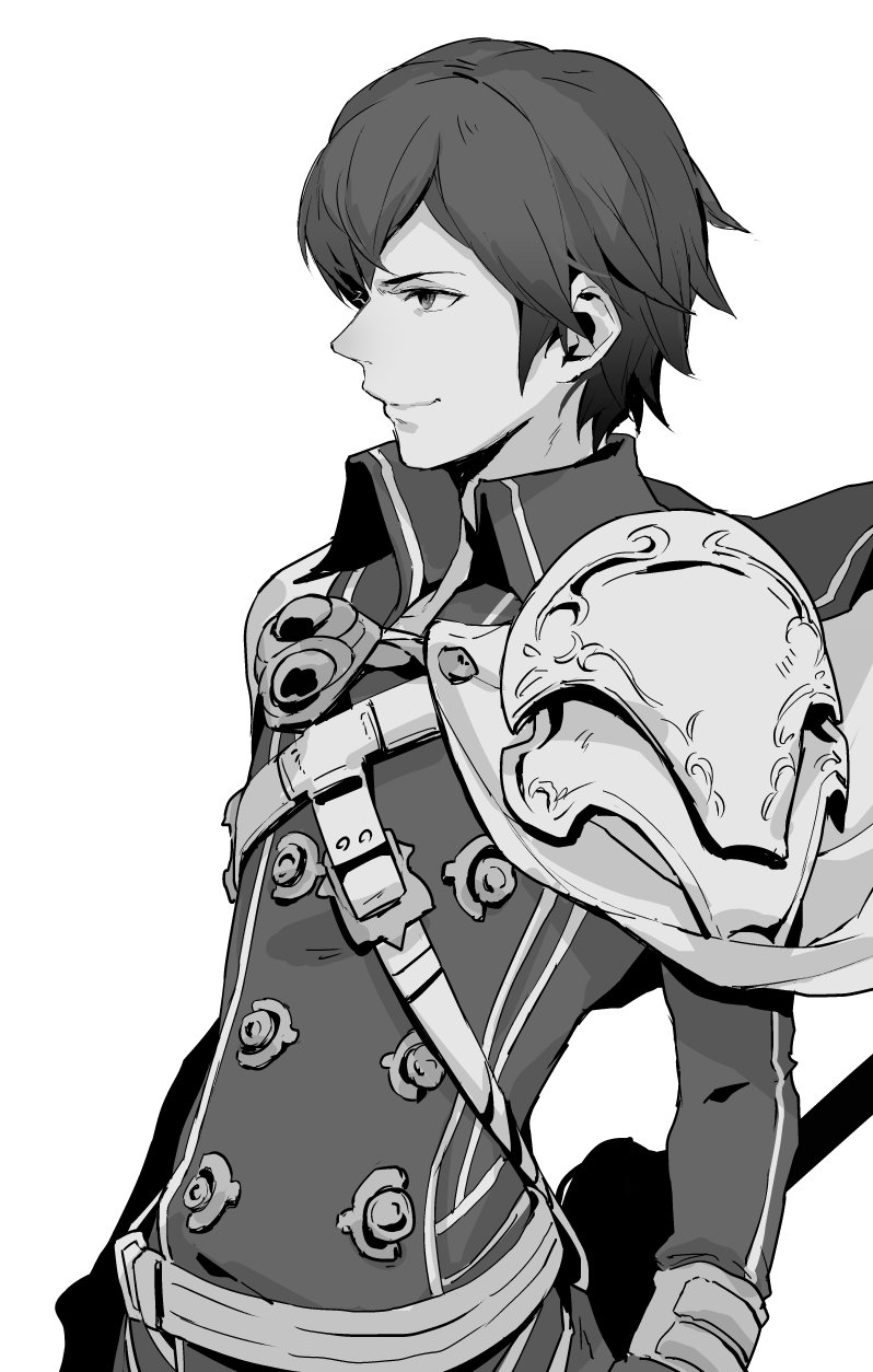 1boy armor cape fire_emblem fire_emblem:_kakusei gloves highres krom looking_away male_focus messatsu_tan monochrome nintendo short_hair simple_background smile solo white_background