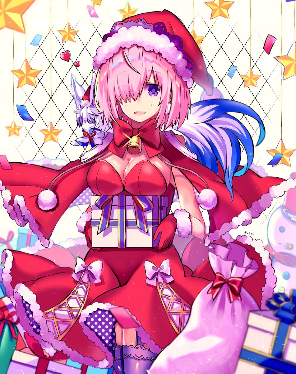 1girl animal animal_on_shoulder bow box breasts capelet cleavage cowboy_shot dress eyebrows_visible_through_hair fate/grand_order fate_(series) fou_(fate/grand_order) fur-trimmed_capelet fur-trimmed_dress fur-trimmed_gloves fur-trimmed_hat fur_trim garter_straps gloves hat highres holding holding_box kyarameru76 looking_at_viewer mash_kyrielight medium_breasts pink_hair purple_legwear red_capelet red_dress red_gloves red_hat santa_costume santa_gloves santa_hat short_dress short_hair sideboob sleeveless sleeveless_dress solo standing strapless strapless_dress thigh-highs violet_eyes white_bow