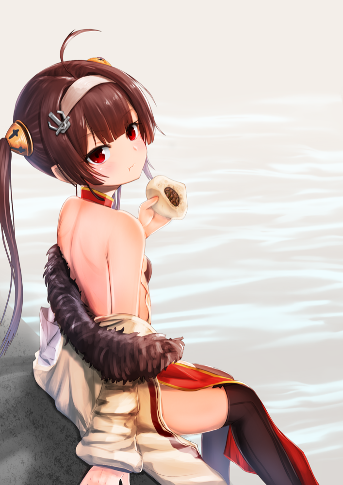 1girl ahoge anchor_hair_ornament azur_lane bangs baozi bare_shoulders black_legwear blush breasts brown_hair china_dress chinese_clothes day dress eating eyebrows_visible_through_hair food fur_trim hair_ornament hair_rings hairband holding holding_food jacket long_hair looking_at_viewer medium_breasts off_shoulder outdoors ping_hai_(azur_lane) red_eyes sidelocks sitting small_breasts solo thigh-highs twintails very_long_hair west_(vaem5527) white_hairband