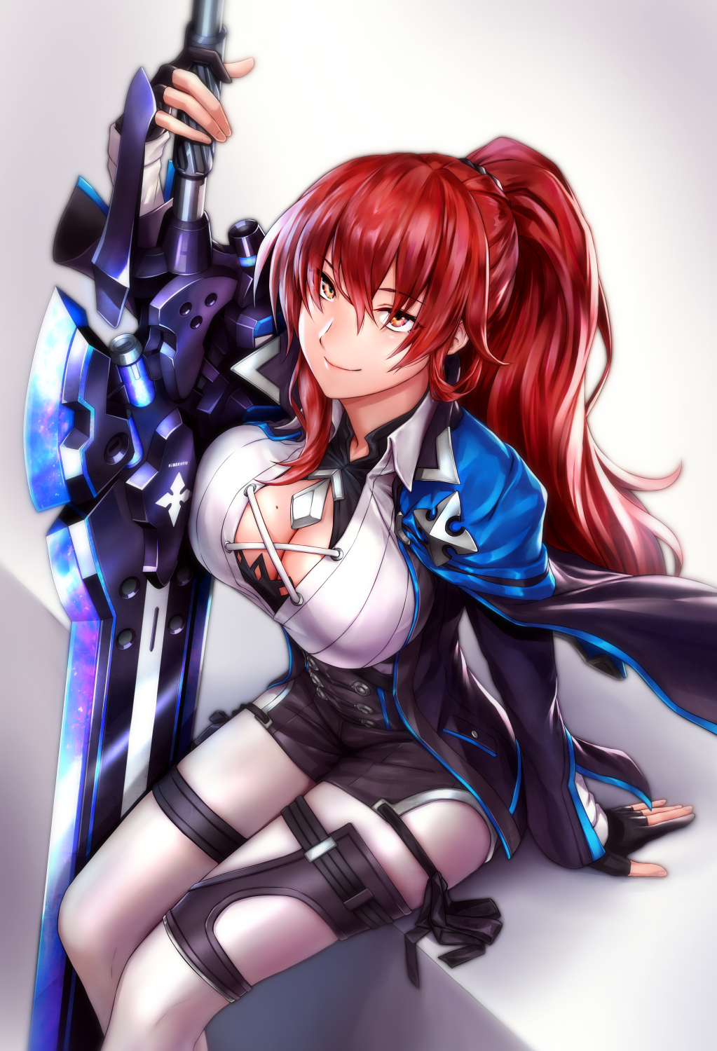 1girl arctic_kriegsmesser arm_support bangs belt black_coat black_gloves blue_cape breasts brown_eyes cape claymore_(sword) cleavage cleavage_cutout coat collared_shirt eyebrows_visible_through_hair gloves hair_between_eyes highres holding holding_sword holding_weapon honkai_(series) honkai_impact_3 hrungnir large_breasts long_hair looking_at_viewer mole mole_on_breast murata_himeko open_clothes partly_fingerless_gloves ponytail redhead shinachiku_(uno0101) shirt side-tie_shorts sidelocks sitting skindentation snow sword taut_clothes thigh_strap weapon white_legwear