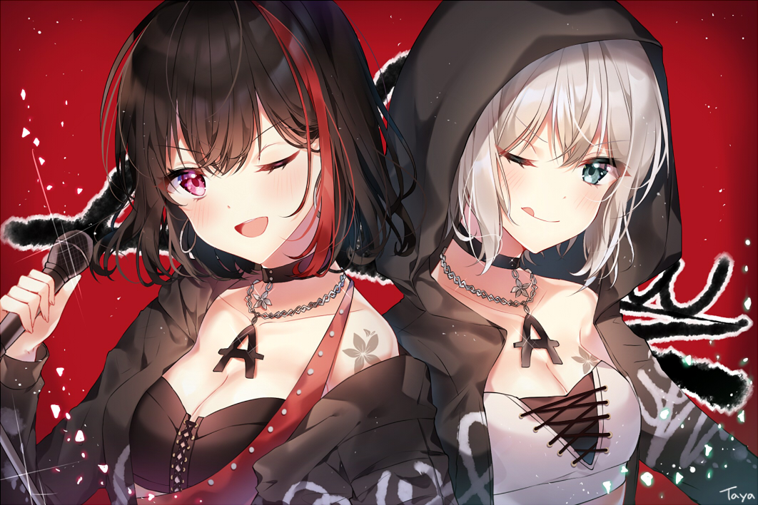 2girls ;) aoba_moca bang_dream! bangs black_hair black_jacket blue_eyes blush bob_cut body_markings breasts choker cleavage collarbone crop_top glint grey_hair hair_between_eyes head_tilt holding holding_microphone hood hood_up hooded_jacket jacket jewelry licking_lips light_particles long_sleeves looking_at_viewer medium_breasts microphone mitake_ran multicolored_hair multiple_girls necklace off_shoulder one_eye_closed open_clothes open_jacket open_mouth redhead short_hair sidelocks signature smile sparkle streaked_hair taya_5323203 tongue tongue_out upper_body upper_teeth violet_eyes