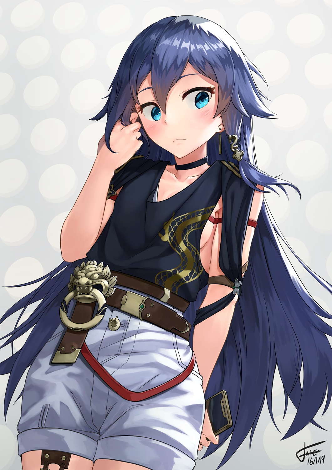 1girl alternate_costume bangs belt blouse blue_blouse blue_eyes blush breasts cellphone choker closed_mouth collarbone dated earrings ekusufeito eyebrows_visible_through_hair fu_hua_(honkai_impact) hair_between_eyes hair_ornament highres holding holding_phone honkai_(series) honkai_impact_3 jewelry long_hair looking_at_viewer medium_breasts phone playing_with_own_hair shorts shoulder_cutout side_cutout sidelocks signature smartphone solo white_shorts