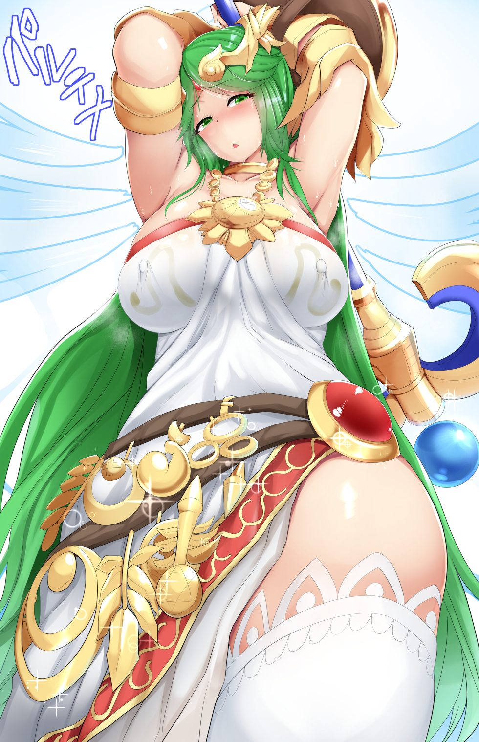 1girl barefoot blush breasts choker dress goddess green_eyes green_hair highres jewelry kid_icarus large_breasts long_hair looking_at_viewer matching_hair/eyes mizuyan necklace nintendo palutena shield solo staff super_smash_bros. thigh-highs tiara white_legwear