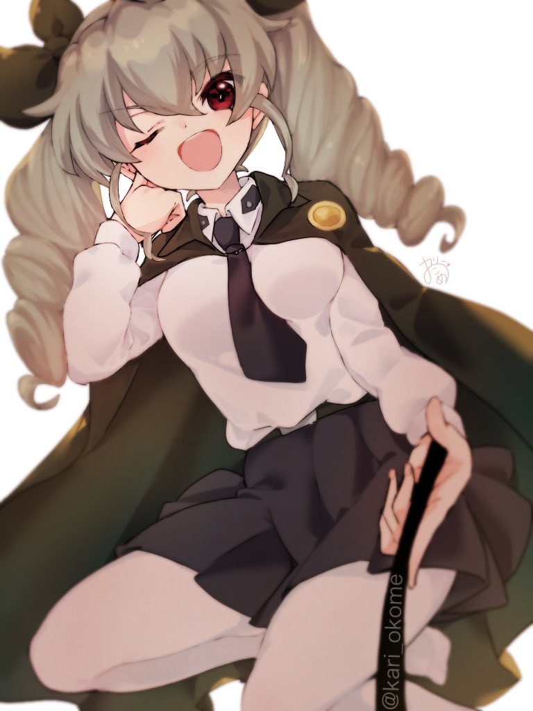 1girl ;d anchovy anzio_school_uniform artist_name backlighting bangs belt black_belt black_cape black_footwear black_neckwear black_ribbon black_skirt blurry cape commentary dress_shirt drill_hair eyebrows_visible_through_hair girls_und_panzer green_hair hair_ribbon hand_on_own_face holding kari_okome loafers long_hair long_sleeves looking_at_viewer miniskirt necktie one_eye_closed open_mouth pantyhose pleated_skirt red_eyes ribbon riding_crop school_uniform shirt shoes signature simple_background skirt smile smirk solo twin_drills twintails twitter_username white_background white_legwear white_shirt