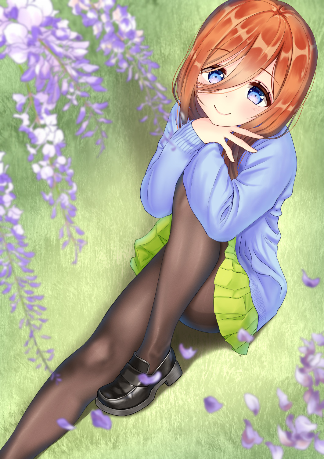 1girl ass bangs black_footwear blue_eyes blue_sweater blurry blush brown_legwear closed_mouth commentary_request depth_of_field eyebrows_visible_through_hair fine_fabric_emphasis flower flower_request from_above go-toubun_no_hanayome grass green_skirt hair_between_eyes highres knee_up loafers long_hair long_sleeves looking_at_viewer mimikaki_(men_bow) miniskirt nakano_miku orange_hair pantyhose petals pleated_skirt purple_flower shadow shoes skirt sleeves_past_wrists smile solo sweater thighband_pantyhose