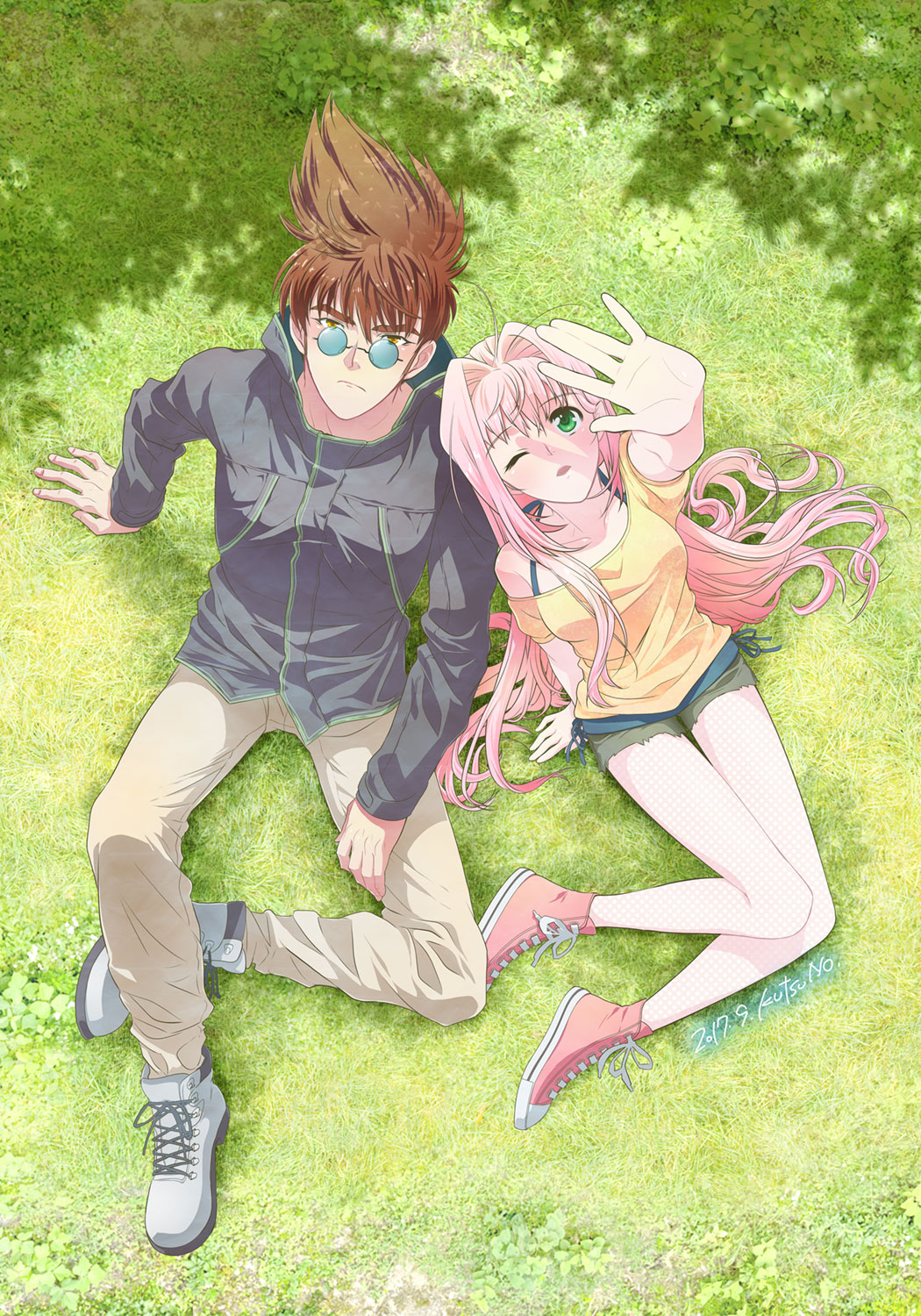 1boy 1girl ahoge arm_support arm_up blue-tinted_eyewear boots brown_hair day from_above full_body glasses green_eyes grey_jacket highres jacket kutsuno long_hair long_sleeves looking_at_viewer looking_up macross macross_7 mylene_jenius nekki_basara off-shoulder_shirt off_shoulder one_eye_closed open_mouth outdoors outstretched_arm pants pink_footwear pink_hair round_eyewear shirt shoes short_shorts short_sleeves shorts sneakers spiky_hair sunglasses very_long_hair white_pants yellow_shirt